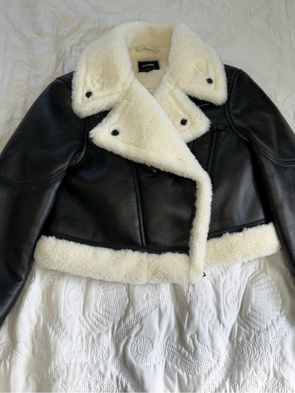 Express Black Faux Leather Aviator Jacket with White Shearling NEVER WORN